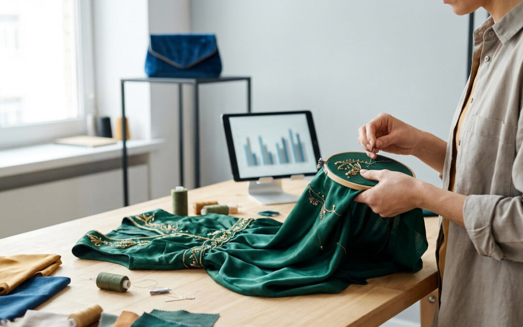 Personne brodant un vêtement vert sur un métier à broder. Tablette avec graphiques de vente et fils colorés sur table en bois.