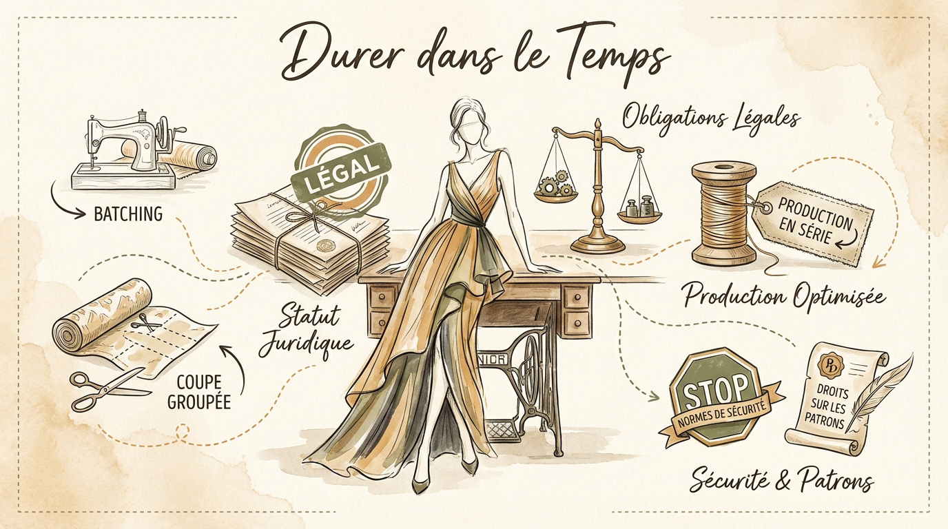 Atelier de couture professionnel organisé avec machine à coudre et patrons