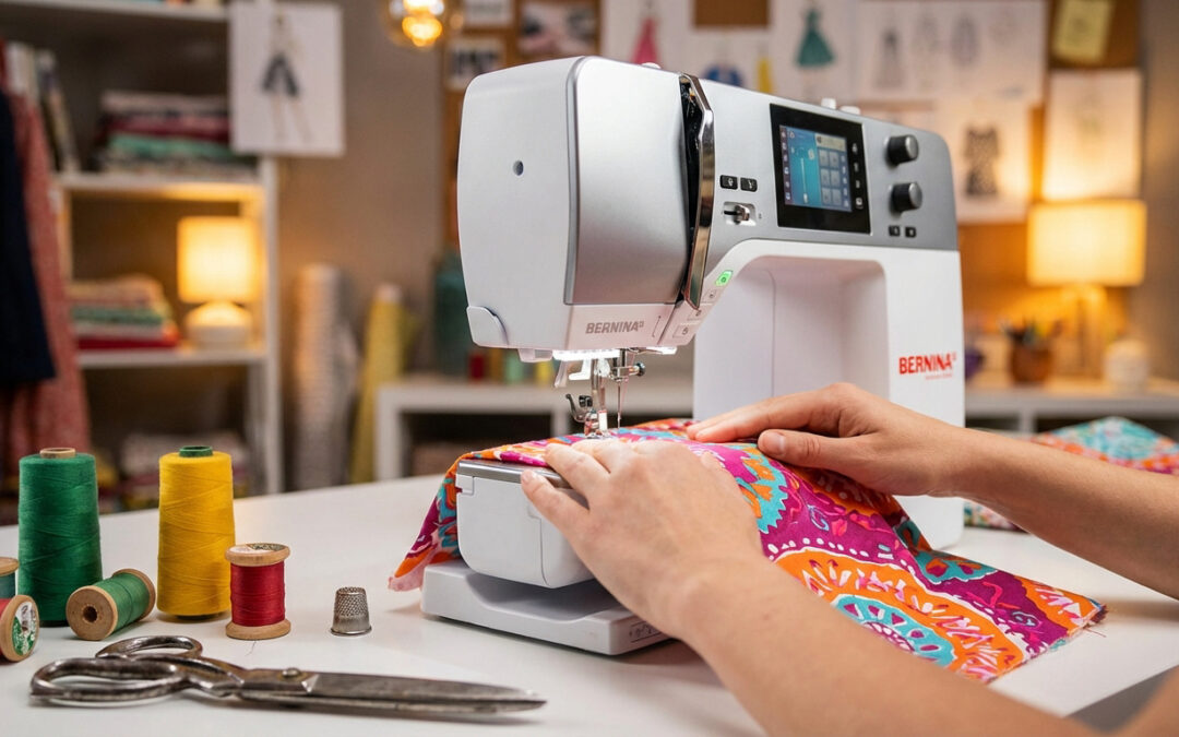 Mains cousant un tissu coloré sur une machine Bernina. Fil, ciseaux sur table blanche. Atelier de couture en arrière-plan.