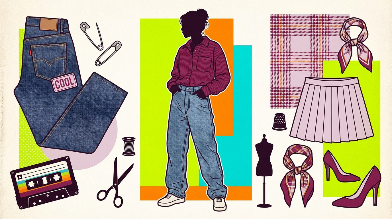 Style vestimentaire des années 90 mélangeant denim et touches de haute couture