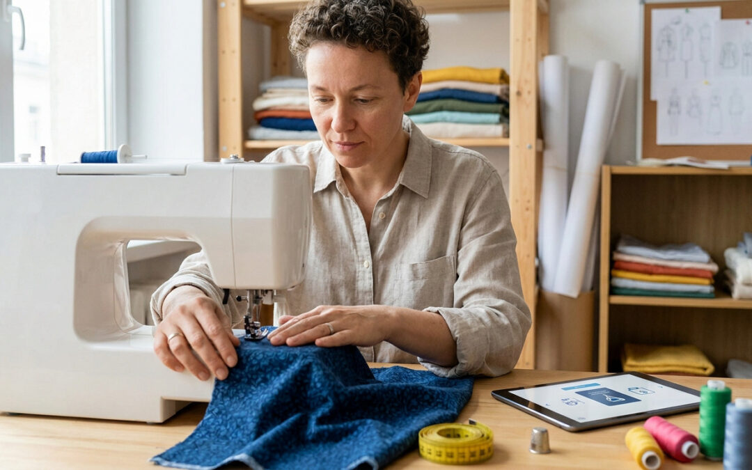 Une femme concentrée utilise une machine à coudre dans son atelier de couture avec une tablette à côté.