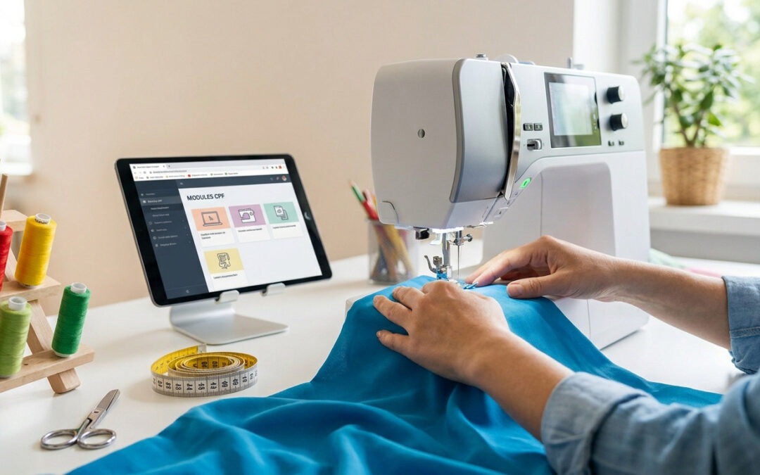 Une personne utilisant une machine à coudre en suivant un tutoriel sur une tablette numérique.