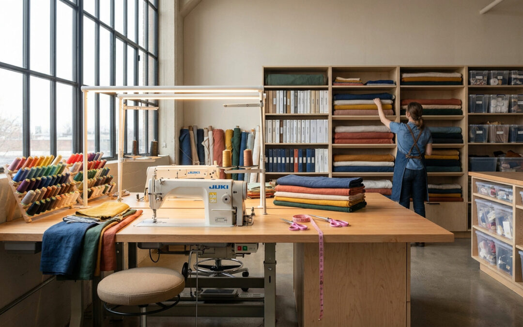 Une couturière range des tissus sur des étagères dans un atelier lumineux et bien organisé avec une machine à coudre Juki.