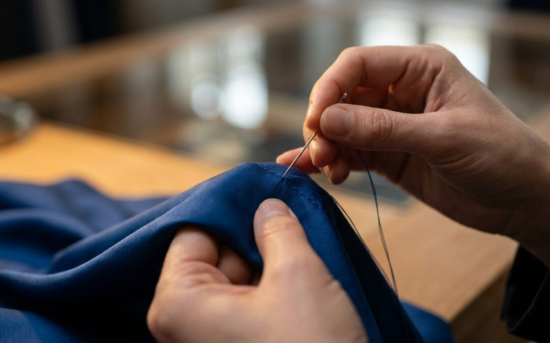 Gros plan sur des mains réalisant un point de couture invisible sur un tissu bleu marine avec une aiguille et du fil.