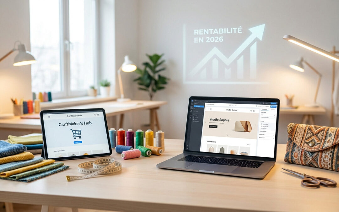 Bureau avec ordinateur, tablette, bobines de fil et tissus, projetant une croissance de rentabilité sur le mur.