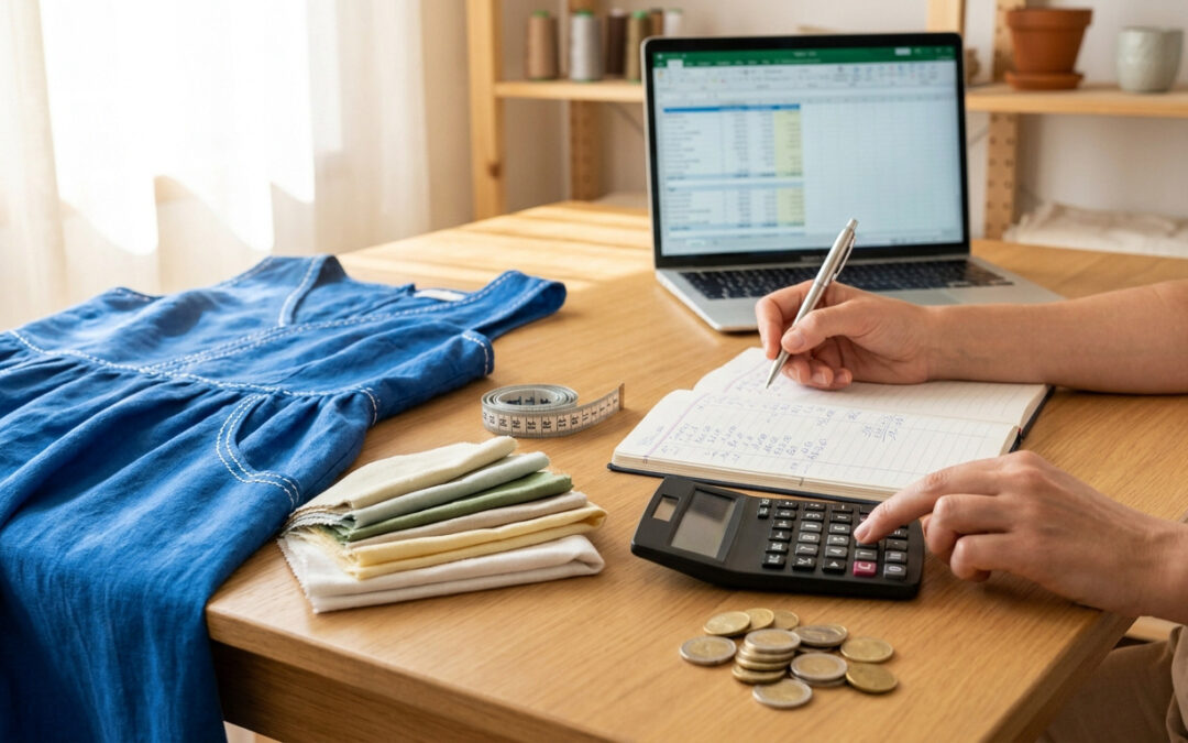 Une personne assise à un bureau en bois calculant les coûts de production d'une robe bleue avec une calculatrice et un carnet.