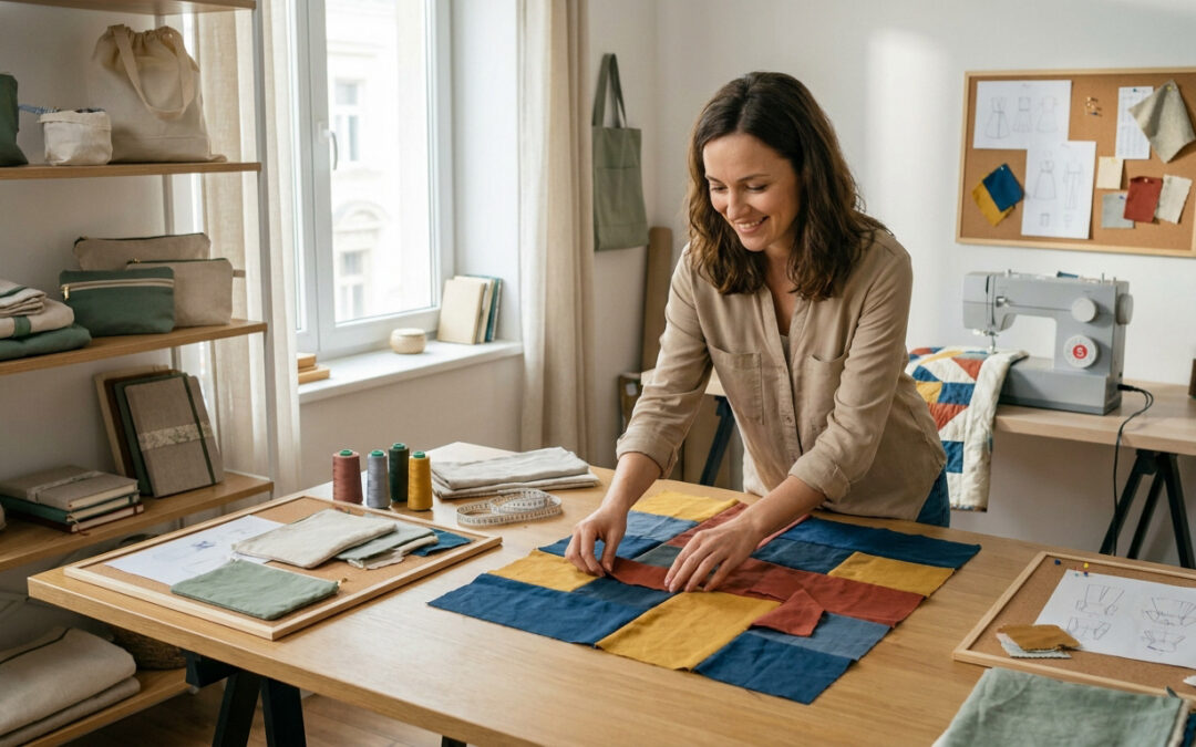 Une créatrice souriante assemble des chutes de tissus colorés dans son atelier de couture écoresponsable.