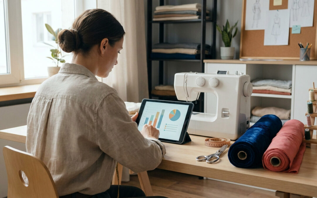 Une couturière consulte des graphiques financiers sur une tablette dans son atelier.