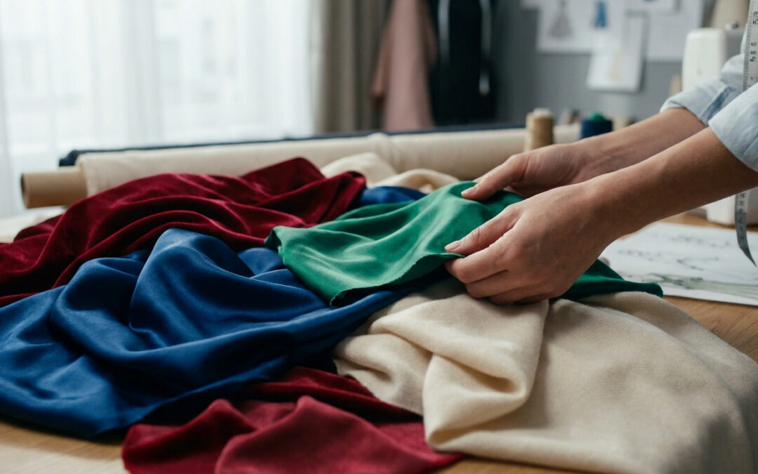 Mains d'un créateur examinant des coupons de tissus colorés sur une table de travail dans un atelier de couture.