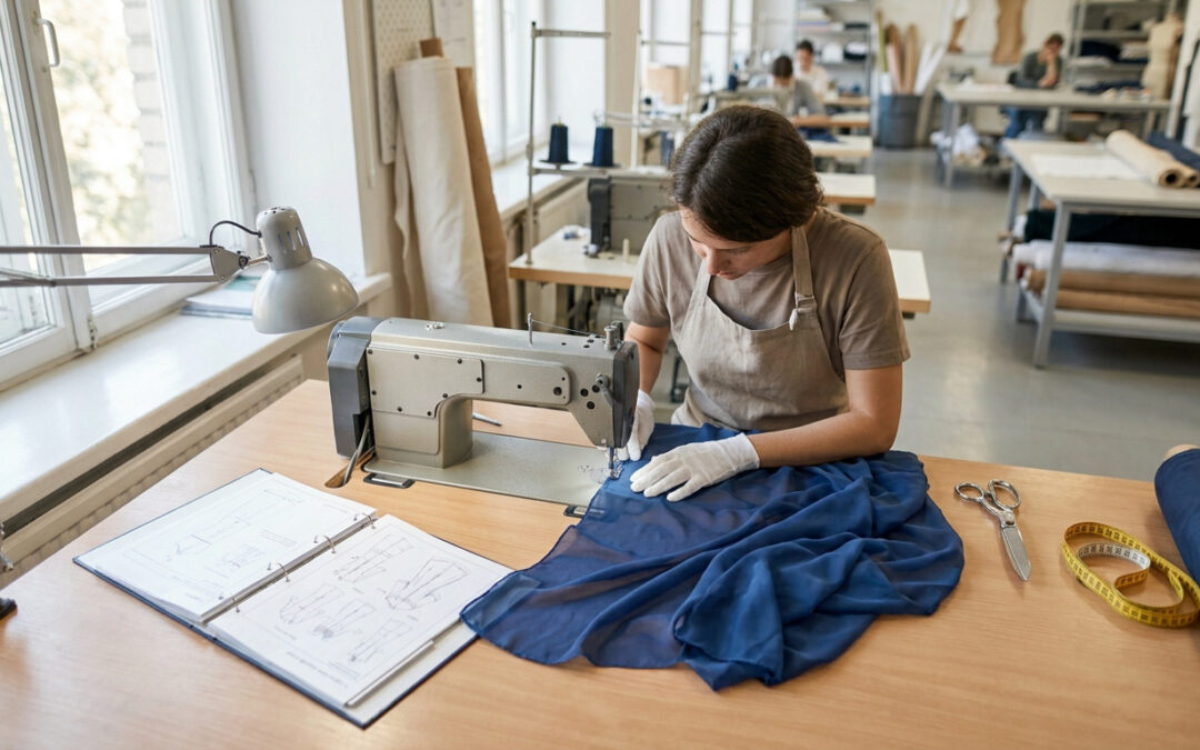 Étudiante en atelier de couture travaillant sur une machine à coudre avec des gants blancs sur un tissu bleu.