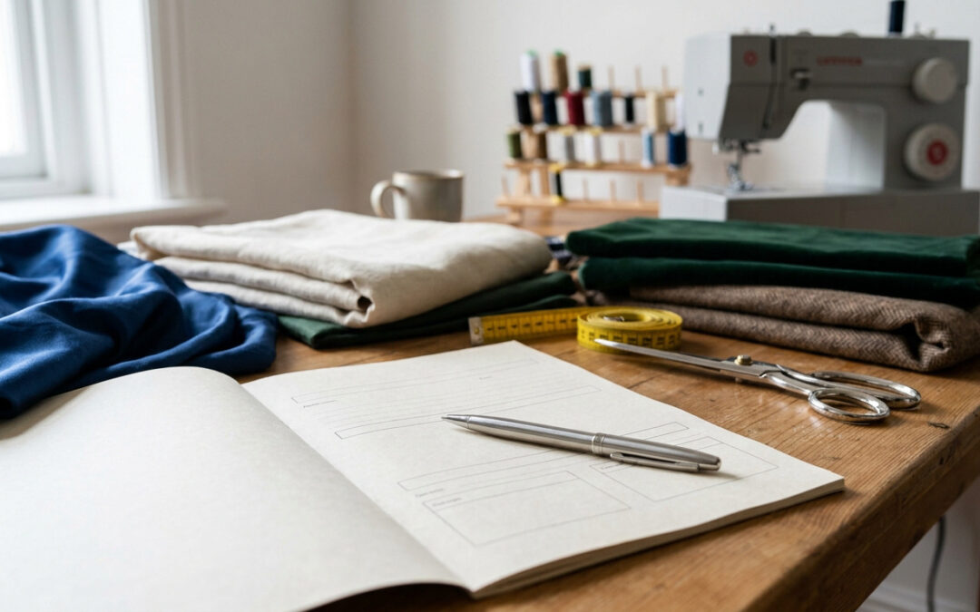 Un carnet de notes ouvert, un stylo, des tissus pliés, un mètre ruban et une machine à coudre sur une table en bois.