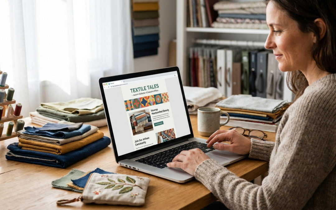 Une femme travaillant sur son ordinateur portable dans un atelier textile pour concevoir une newsletter.