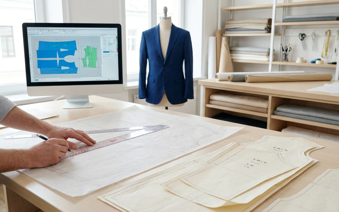 Un styliste travaille sur un patron en papier à côté d'un ordinateur affichant un logiciel de création de vêtements.