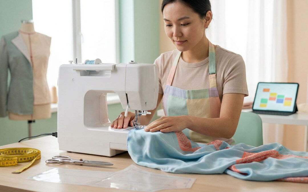 Une couturière concentrée utilise une machine à coudre moderne dans son atelier avec un mannequin de couture en arrière-plan.