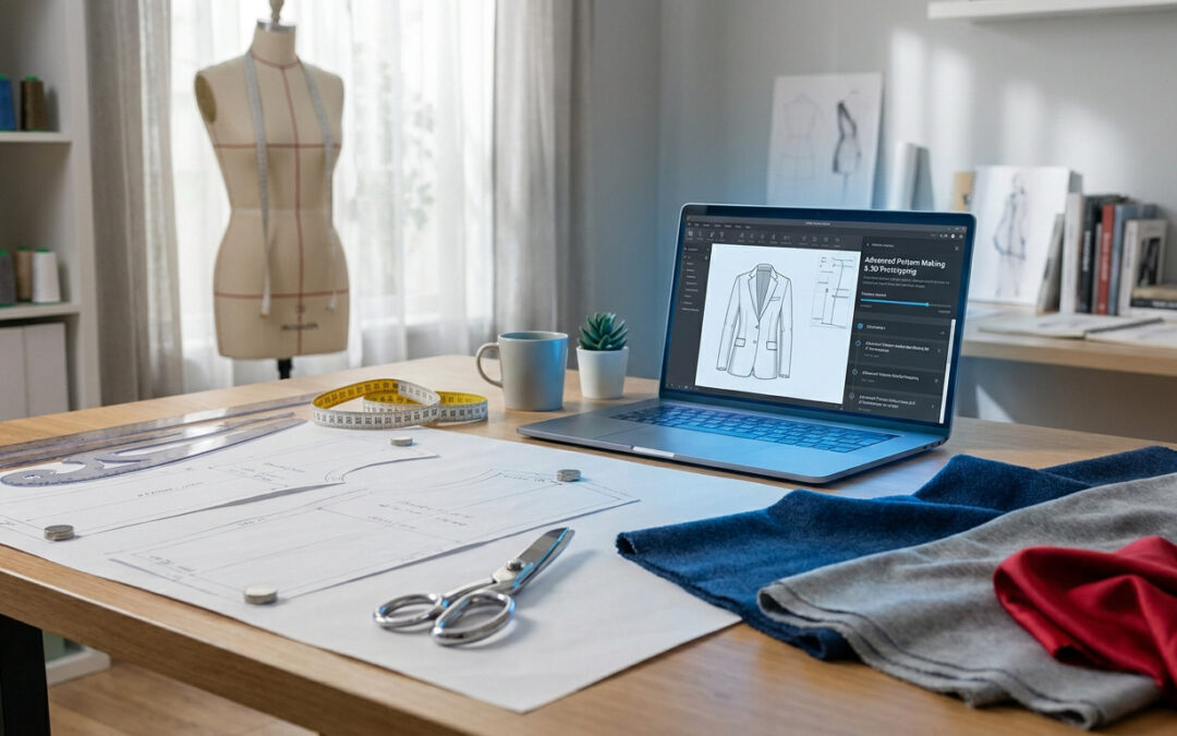 Ordinateur avec logiciel de modélisme, patron de couture, mannequin et tissus sur un bureau dans un atelier lumineux.