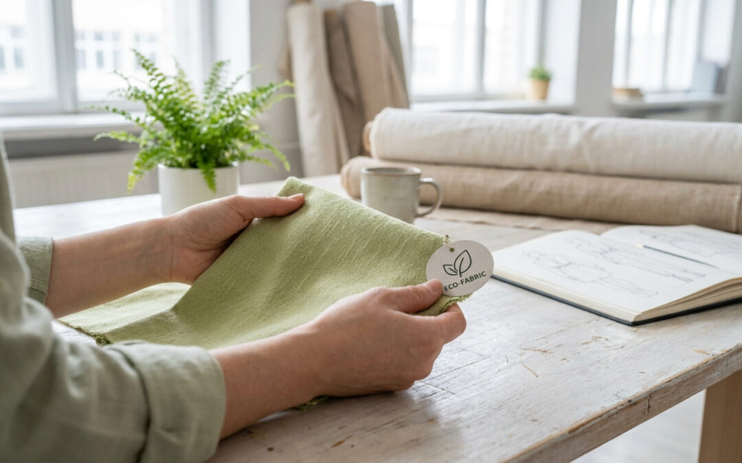 Gros plan sur des mains tenant un échantillon de tissu vert avec une étiquette "Eco-Fabric" dans un atelier.